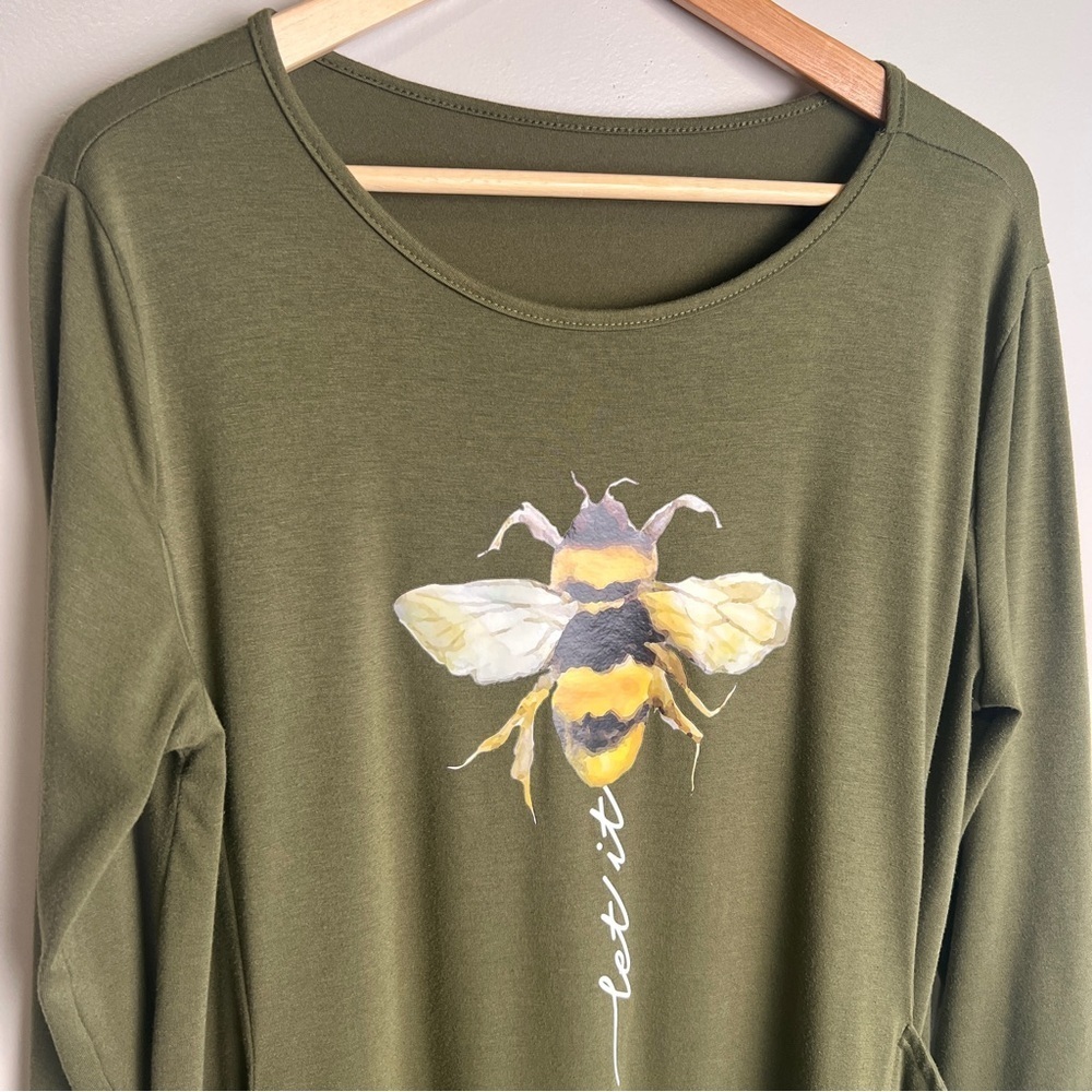Olive Green Let It Bee Graphic Cotton Shirt Dress Pockets Size M EUC - Picture 2 of 7